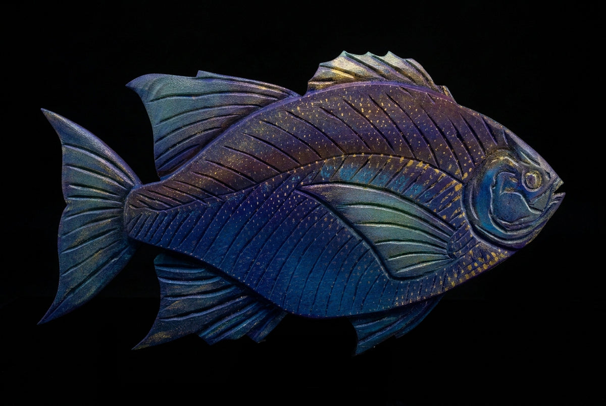 Big Wooden Purple-Blue Sunfish with Golden Scales Daniel Floyd Consignment