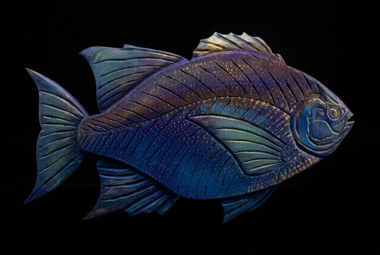 Big Wooden Purple-Blue Sunfish with Golden Scales Daniel Floyd Consignment