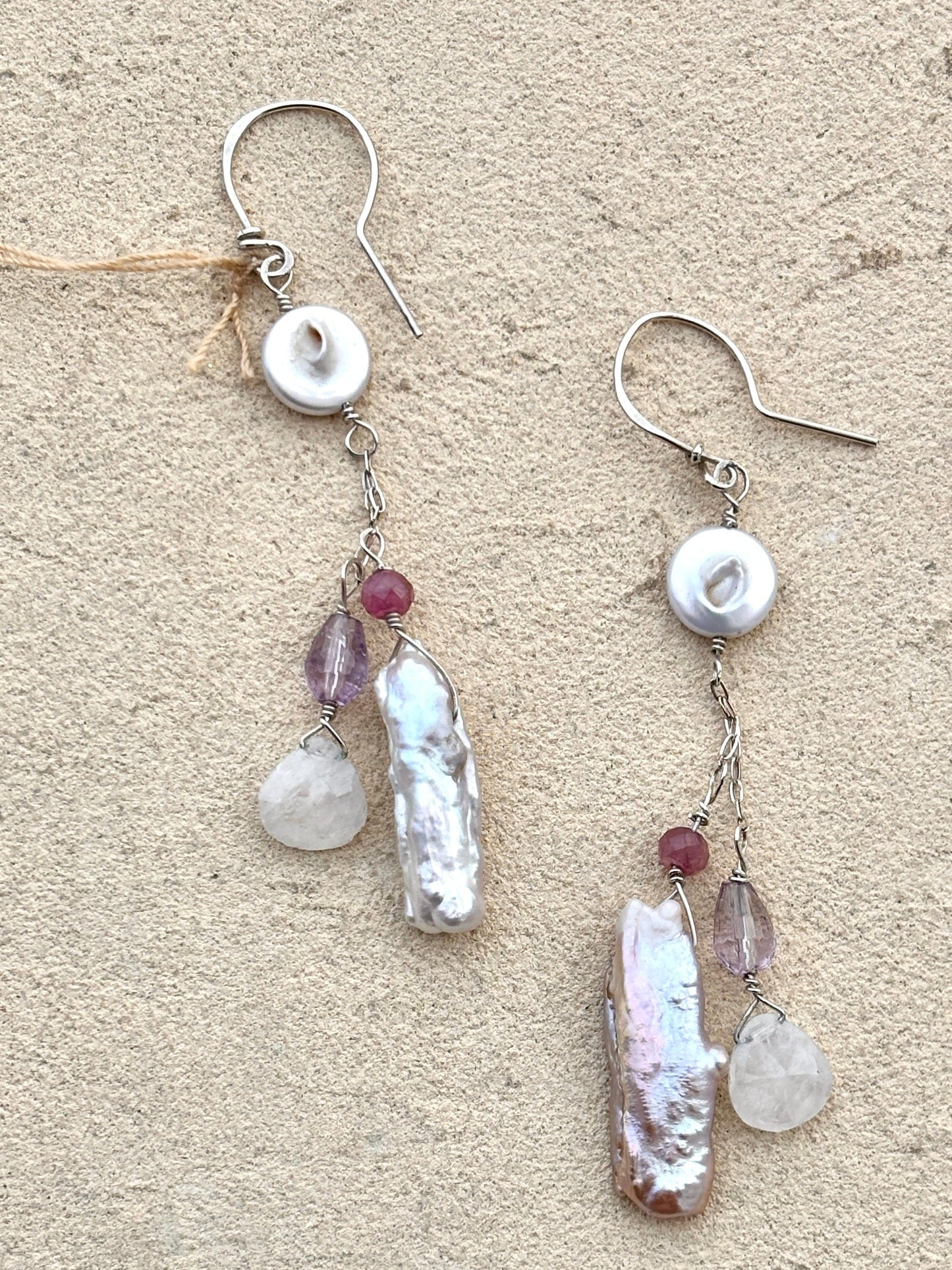 Biwa Pearls, Amethyst, Moonstone Earrings Elise Peters Inventory