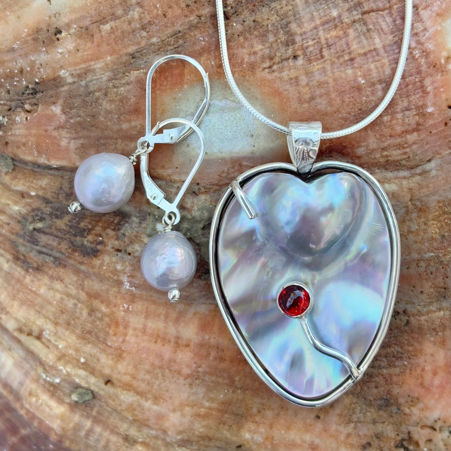 Blister Pearl Necklace and Pearl Earrings - SET Amy Jahn Consignment Heart - Garnet (20" chain)