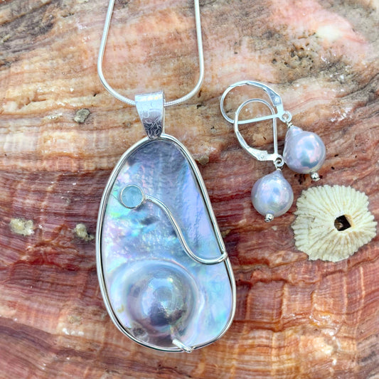 Blister Pearl Necklace and Pearl Earrings - SET Amy Jahn Consignment Long Asymmetrical - Aquamarine