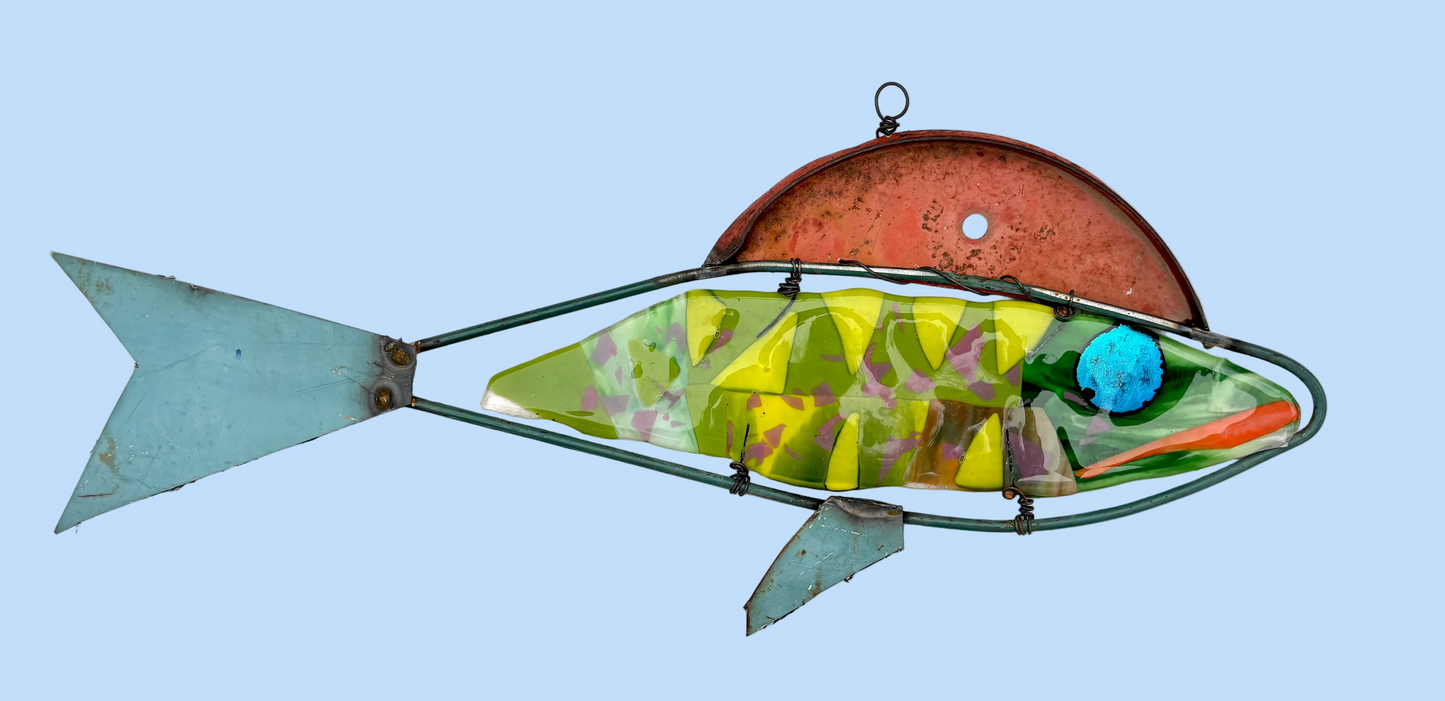 "Blue Finned Green Fish" Fused Glass-Metal Sculpture Wired Glass Inventory