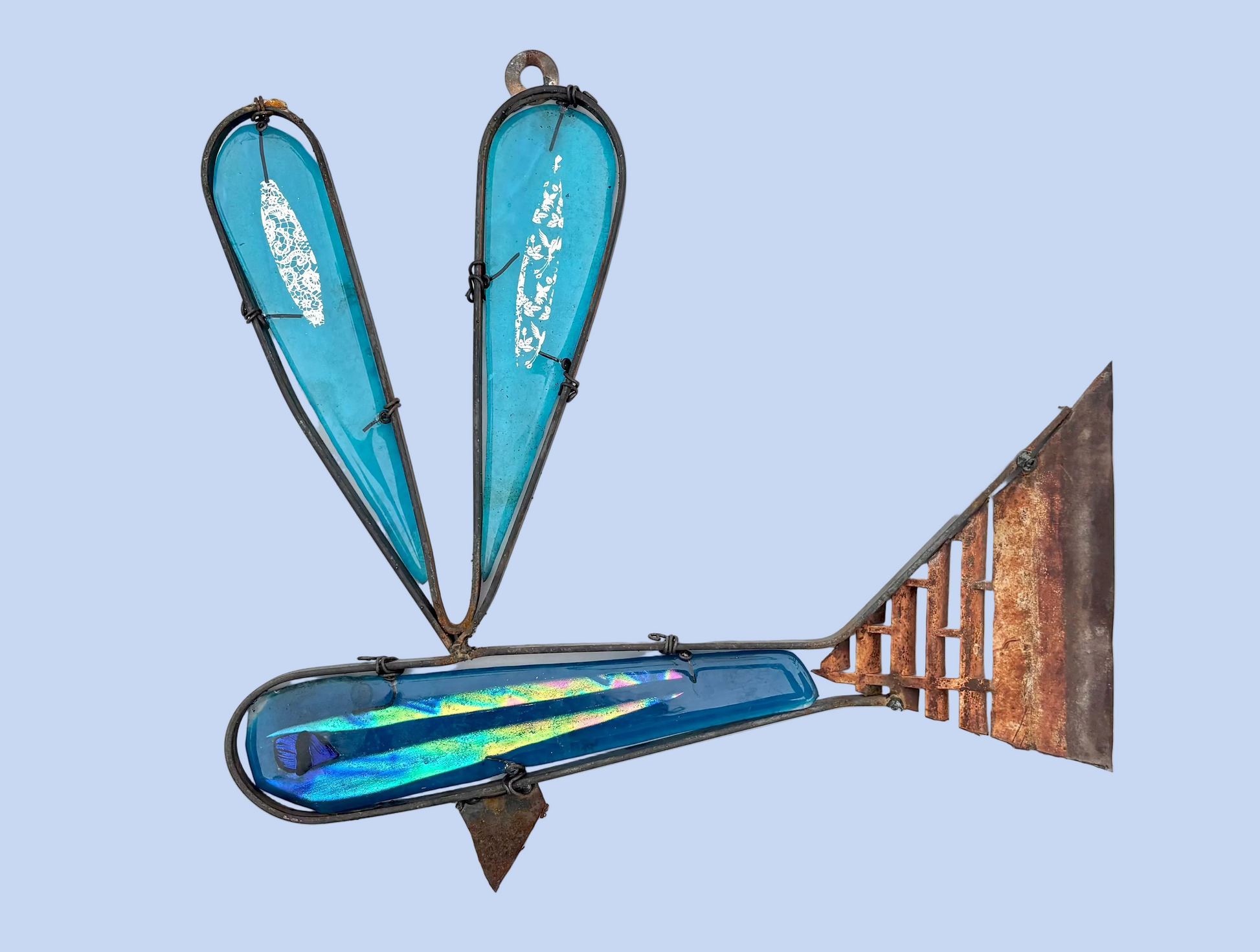 "Blue Flying Fish" Fused Glass Sculpture Wired Glass Inventory