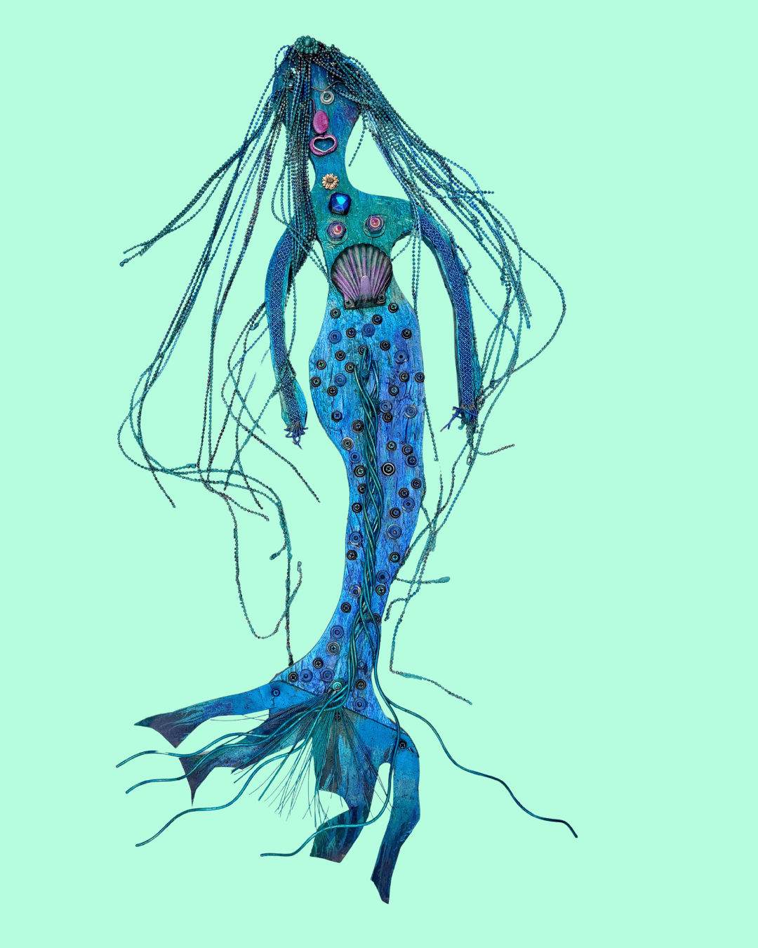 "Blue Mermaid" Wall Sculpture - Eco Folk Art/Mixed Media Rodrigo Consignment