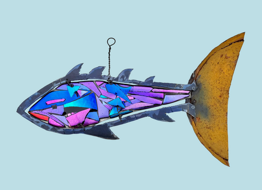 "Blue-Purple Dichroic Fish" Fused Glass Hanging Sculpture Wired Glass Inventory