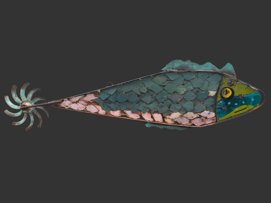 "Blue Scale Fish" Fused Glass Repurposed Volkswagon Door Wired Glass Inventory