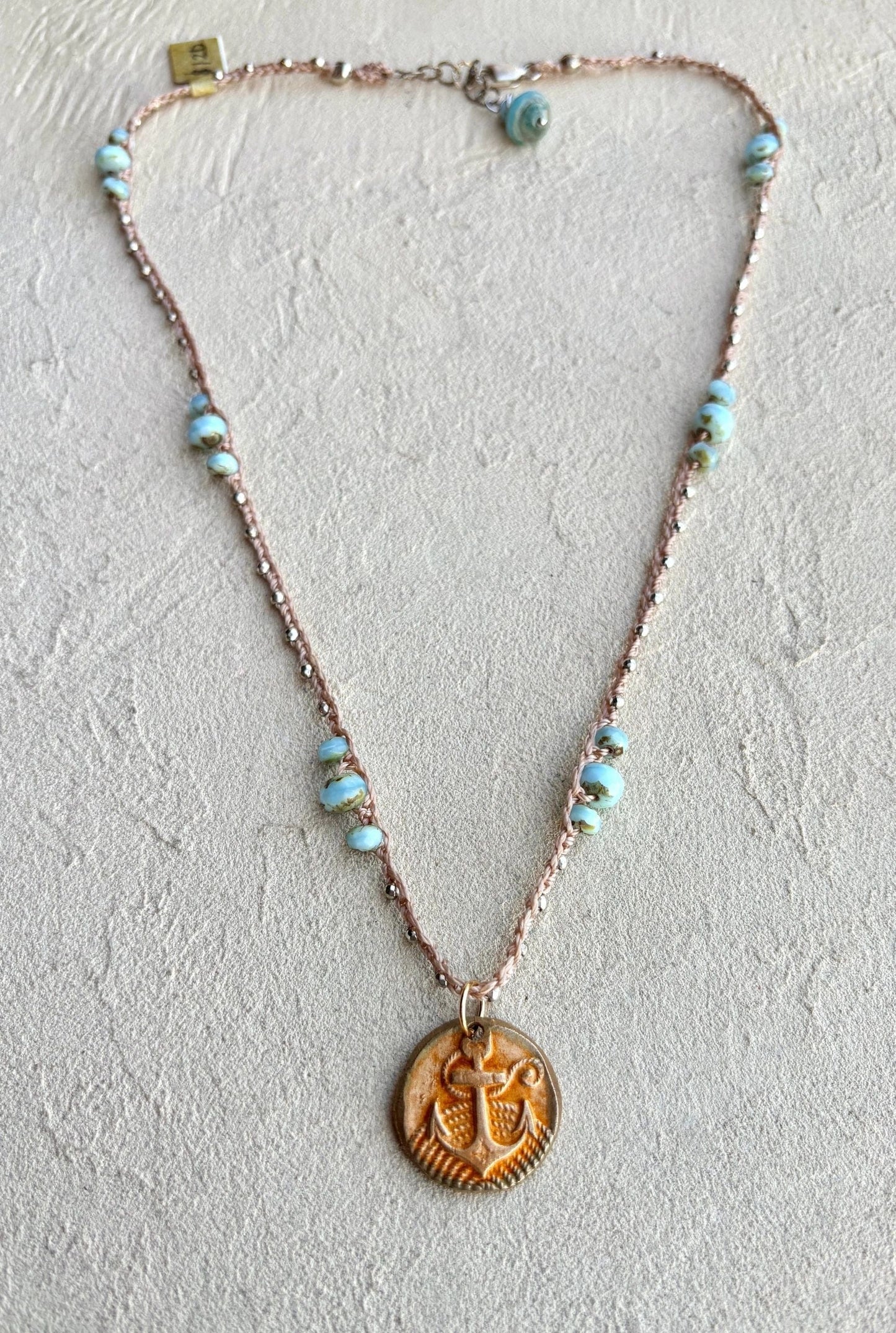 Bronze Anchor Pendant on Woven Beaded Necklace Heidi Duran Inventory Aqua Blue Czech Glass Beads