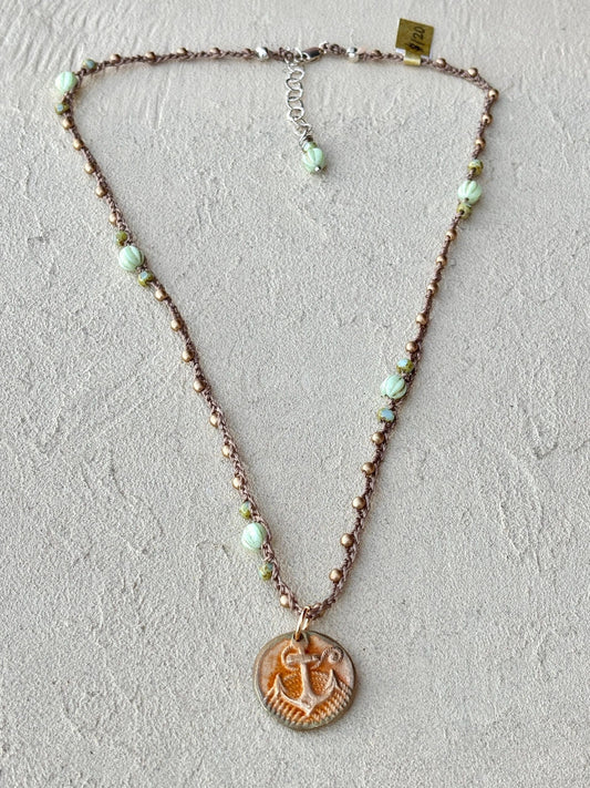 Bronze Anchor Pendant on Woven Beaded Necklace Heidi Duran Inventory Mint Green Czech Glass Beads