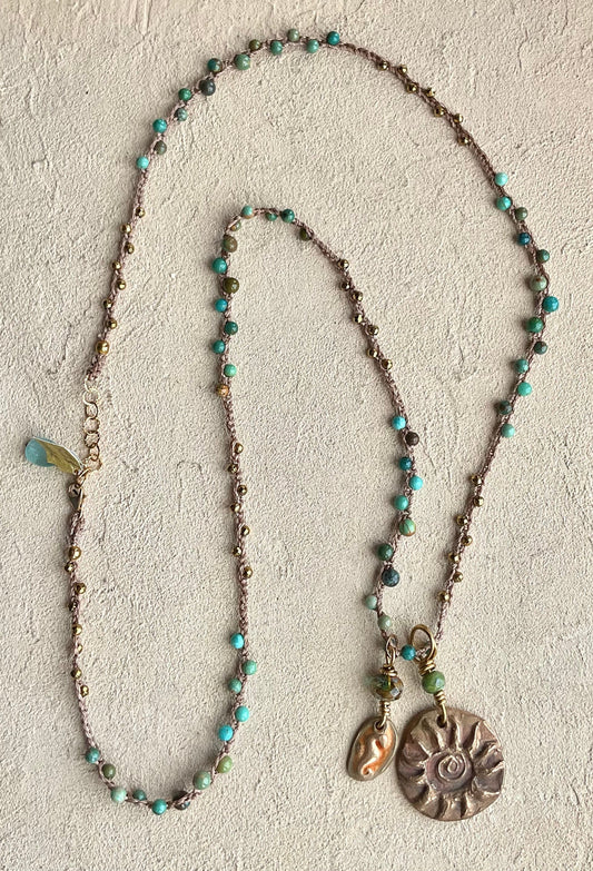 Bronze Pendant with Semi-Precious Stone (Assortment) Heidi Duran Inventory Sunburst : Turquoise & Gold beads