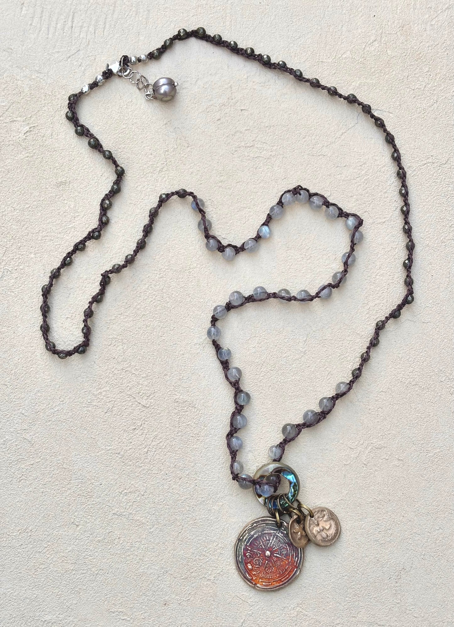 Bronze Pendants on Long Woven Semi-Precious Stone Necklaces (Assortment) Heidi Duran Inventory Compass Star : Labradorite (34")