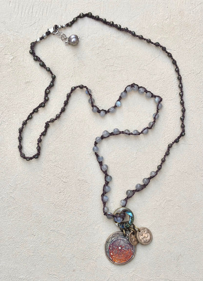 Bronze Pendants on Long Woven Semi-Precious Stone Necklaces (Assortment) Heidi Duran Inventory Compass Star : Labradorite (34")