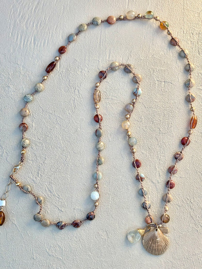 Bronze Pendants on Long Woven Semi-Precious Stone Necklaces (Assortment) Heidi Duran Inventory Fan Shell : Terra Jasper and Agate (34")