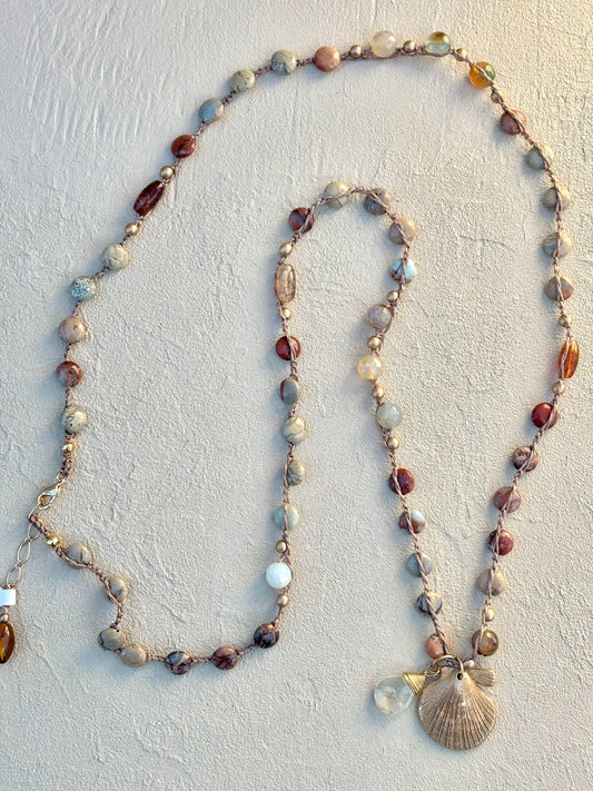 Bronze Pendants on Long Woven Semi-Precious Stone Necklaces (Assortment) Heidi Duran Inventory Fan Shell : Terra Jasper and Agate (34")