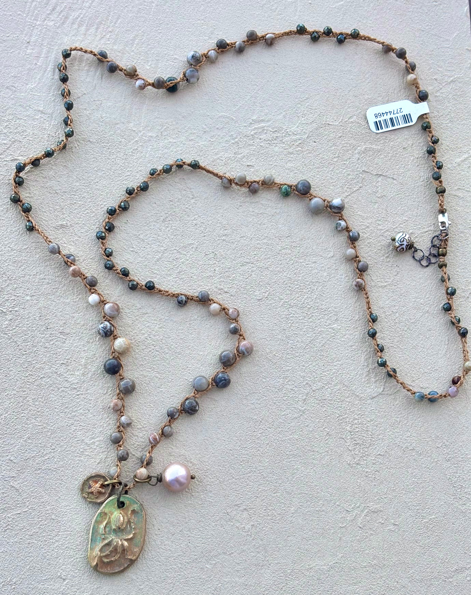 Bronze Pendants on Long Woven Semi-Precious Stone Necklaces (Assortment) Heidi Duran Inventory Octopus : Fossilized Coral w/Pyrite (35")