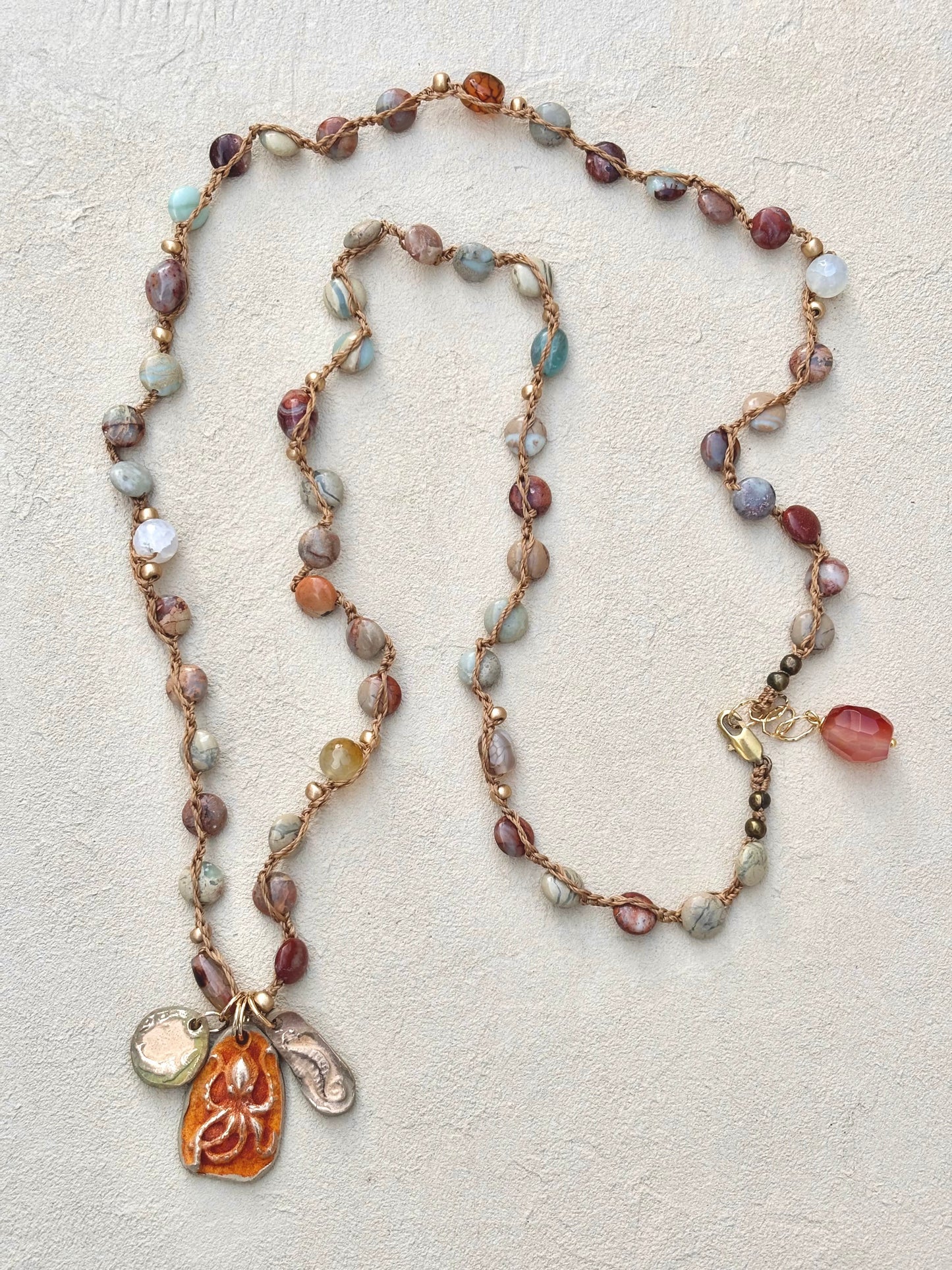 Bronze Pendants on Long Woven Semi-Precious Stone Necklaces (Assortment) Heidi Duran Inventory Octopus : Terra Jasper and Agate (36")