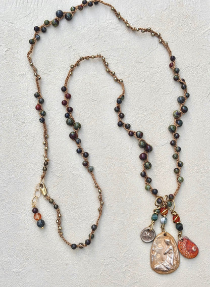 Bronze Pendants on Long Woven Semi-Precious Stone Necklaces (Assortment) Heidi Duran Inventory Seated Mermaid : Jasper Dragon Blood and Carnelian (37")