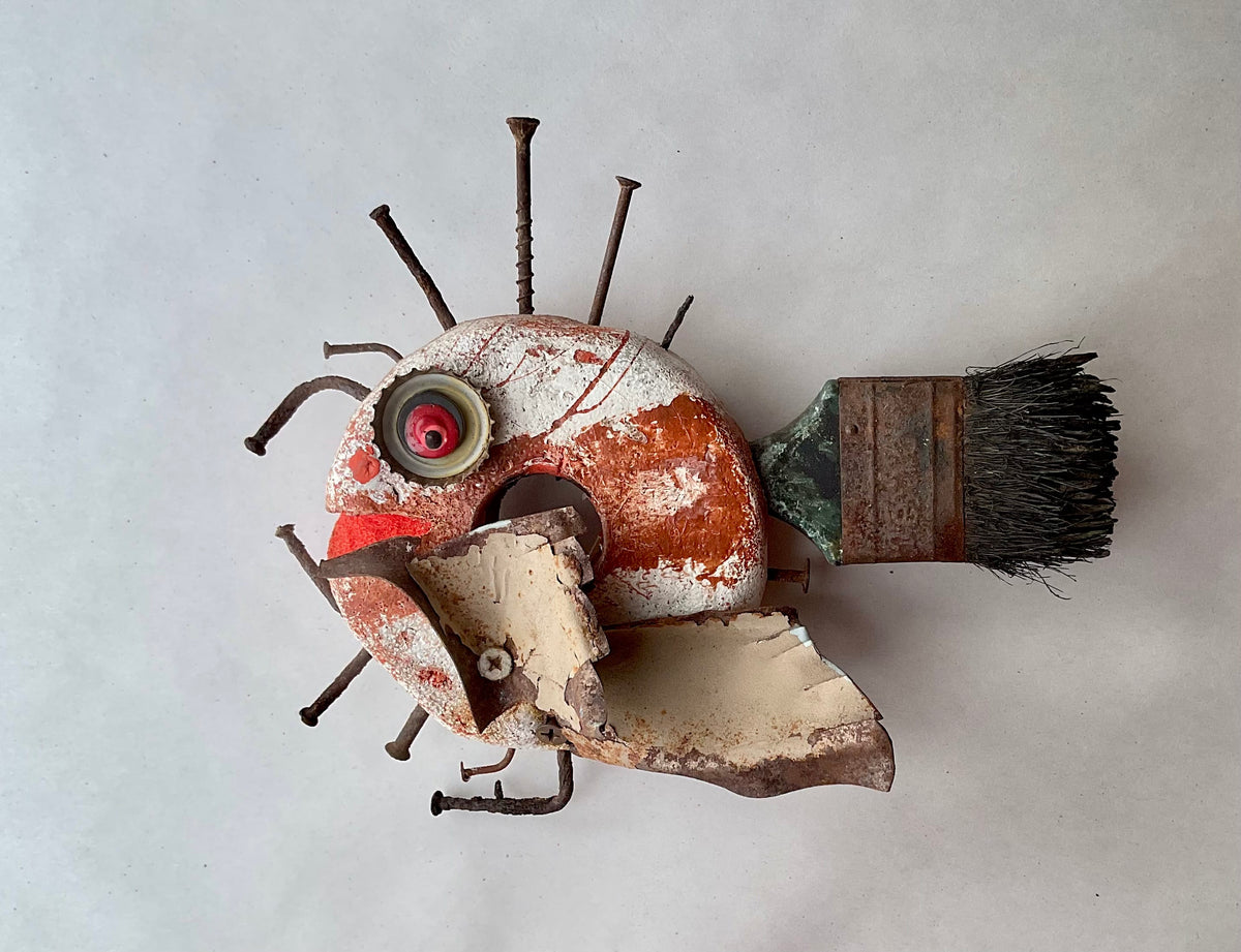Buoy Fish - Upcycled/Eco-Folk Art Rodrigo Consignment White Buoy w/ paint brush fin : 9"X7"X3"