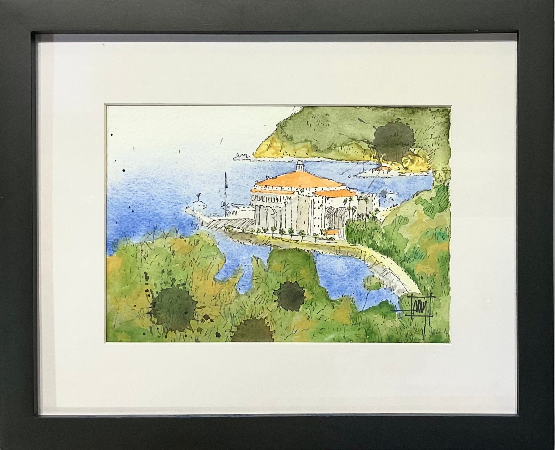 "Casino From Above Descanso Bay" Original Watercolor Painting Ray Hart Consignment