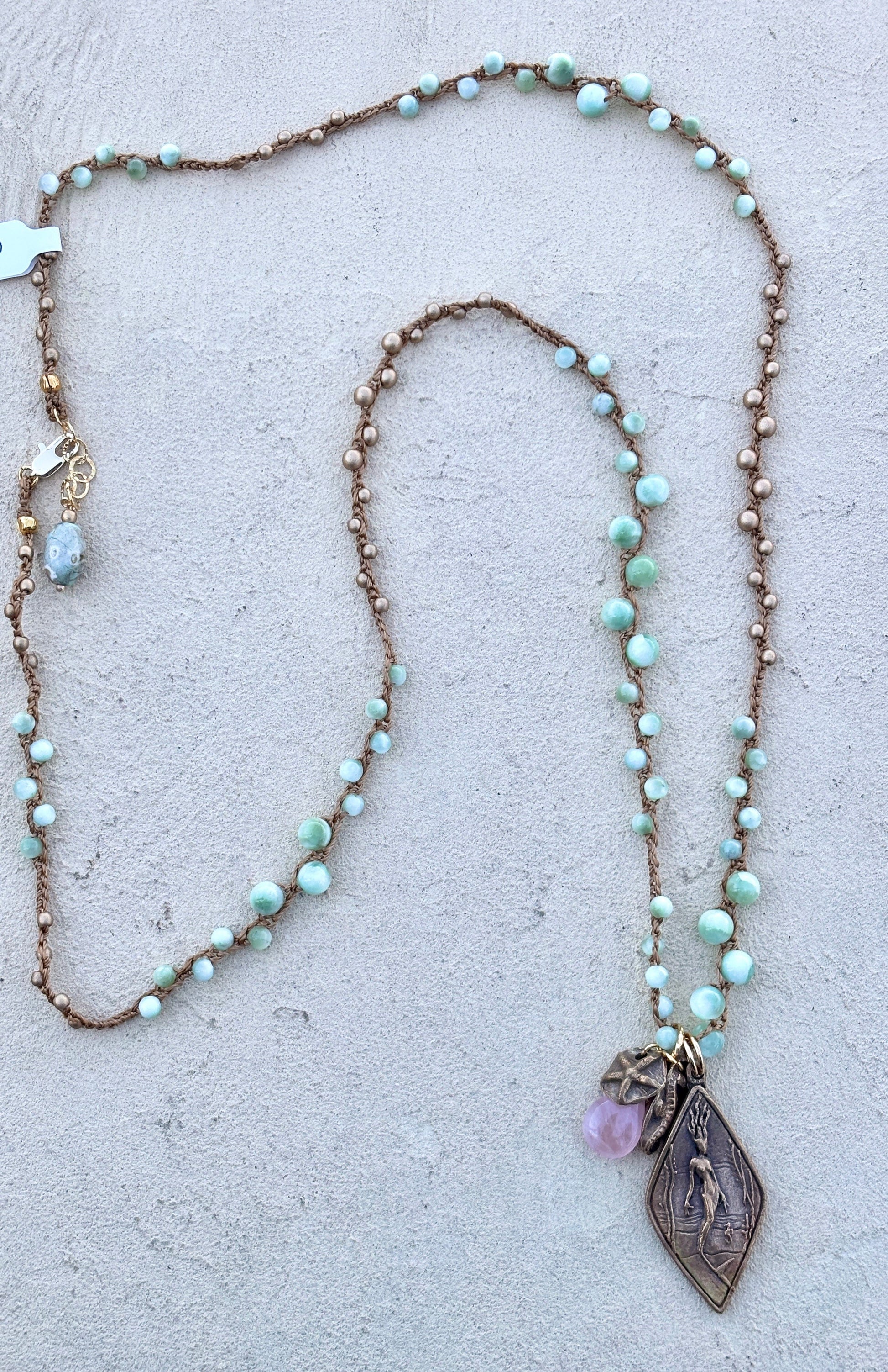 Casino Mermaid Necklace with Semi-Precious Stones Heidi Duran Inventory Green Moonstone and gold beads