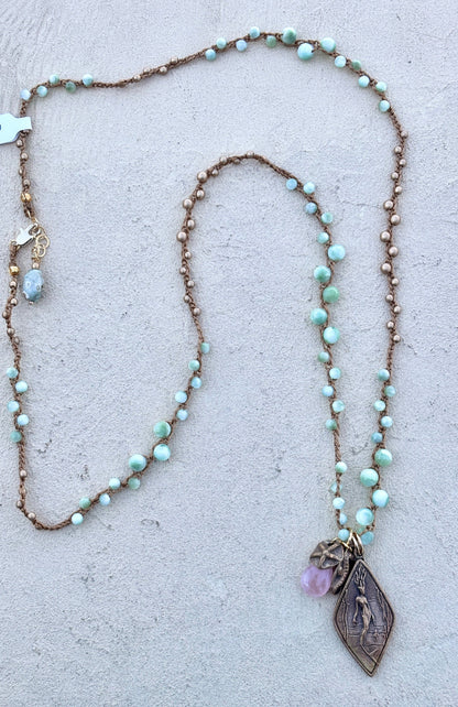 Casino Mermaid Necklace with Semi-Precious Stones Heidi Duran Inventory Green Moonstone and gold beads