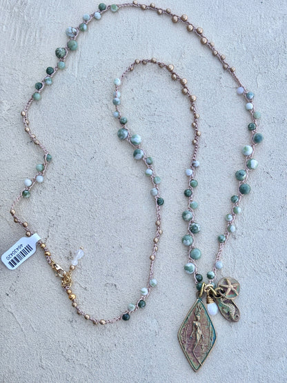 Casino Mermaid Necklace with Semi-Precious Stones Heidi Duran Inventory Sage Green Jasper and gold beads