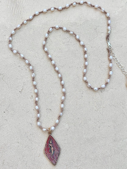 Casino Mermaid Necklace with Semi-Precious Stones Heidi Duran Inventory Small White Pearls with Red Patina Pendant