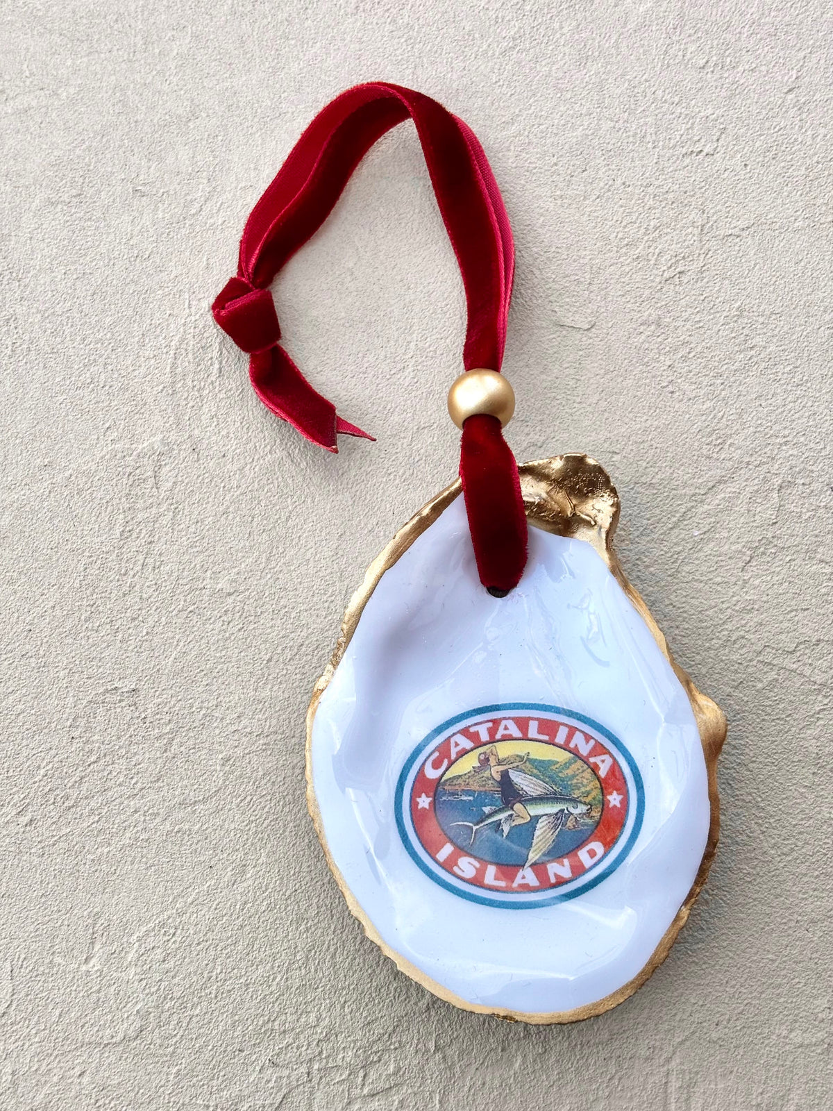 Catalina Icon Oyster Shell Ornaments Kellie Logsdon Consignment VINTAGE - Woman & Flying Fish