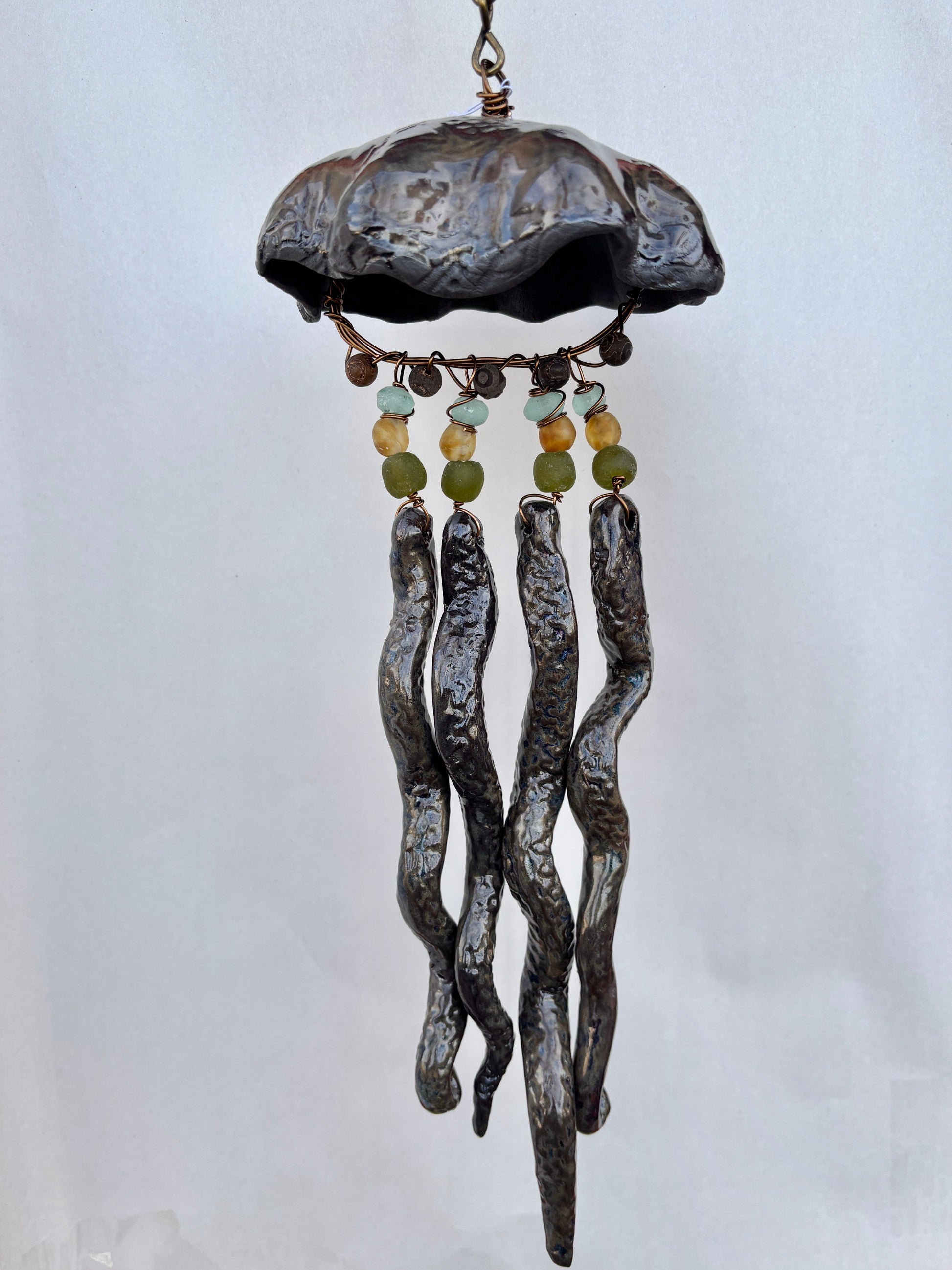 Ceramic Jellyfish Heidi Duran Consignment Large: Burnt Umber w/blue-green bead (5" x 15")