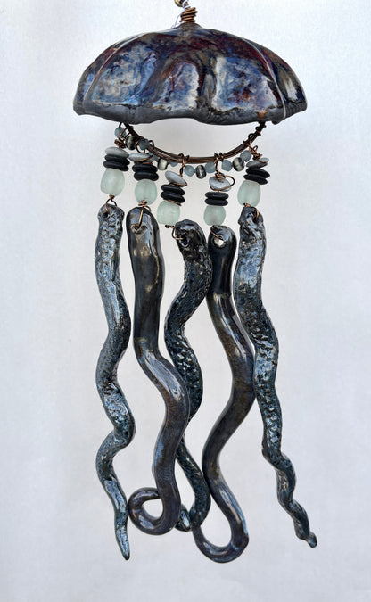Ceramic Jellyfish Heidi Duran Consignment Large : Steel Gray w/ Mauve Tones Beads (6" x 14")