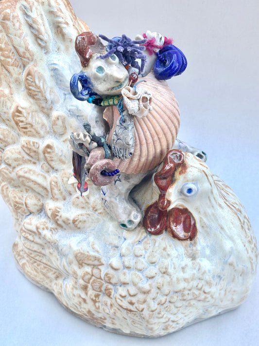 "Chicken Fish Rider" Porcelain Sculpture Juls Consignment