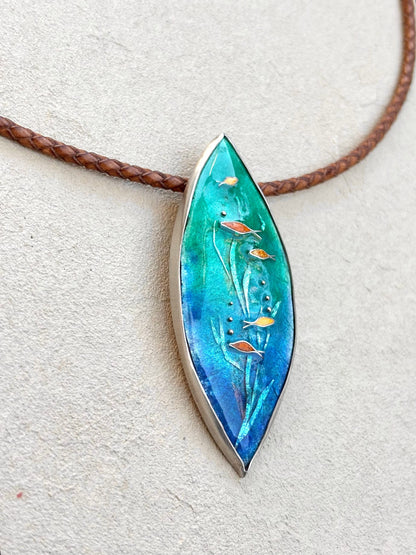 Cloisonné Enamel Undersea Scene- Sterling Pendant on Leather TERRY W. Consignment