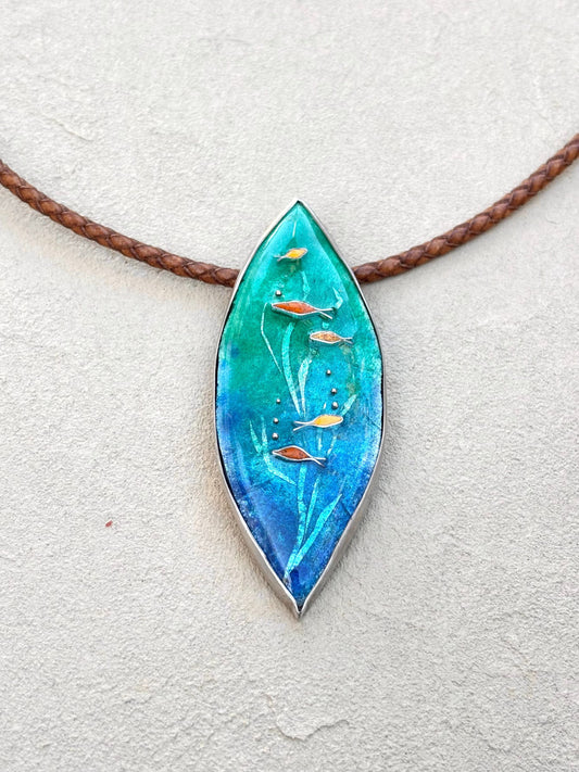 Cloisonné Enamel Undersea Scene- Sterling Pendant on Leather TERRY W. Consignment