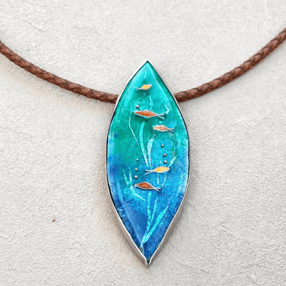 Cloisonné Enamel Undersea Scene- Sterling Pendant on Leather TERRY W. Consignment