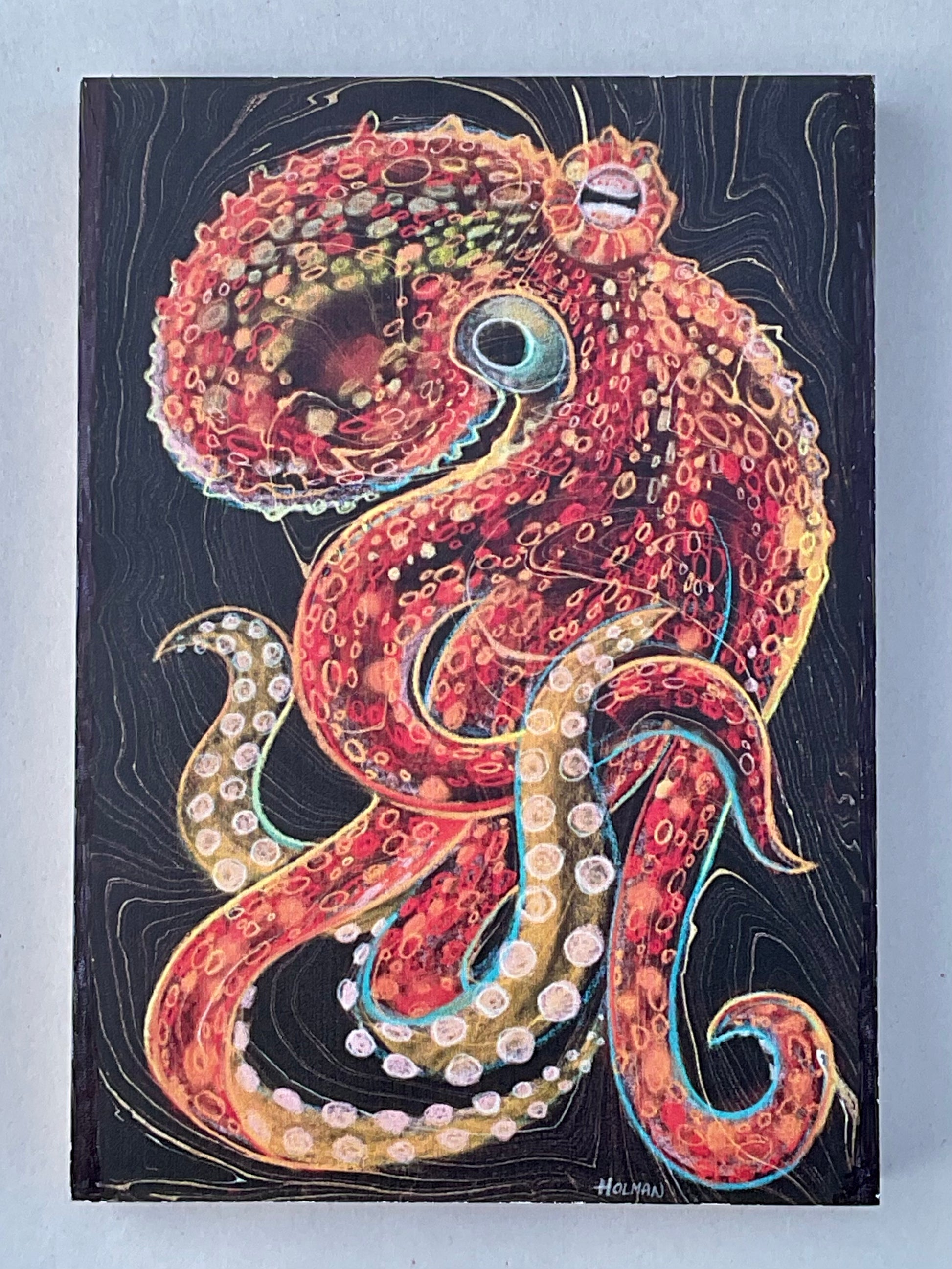"Common Octopus" Wooden Print in Red/Black/Blue Stephen Holman Consignment