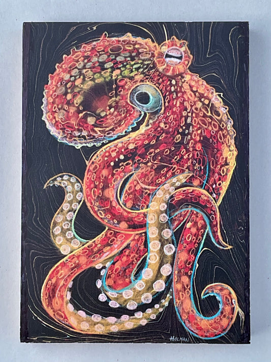 "Common Octopus" Wooden Print in Red/Black/Blue Stephen Holman Consignment