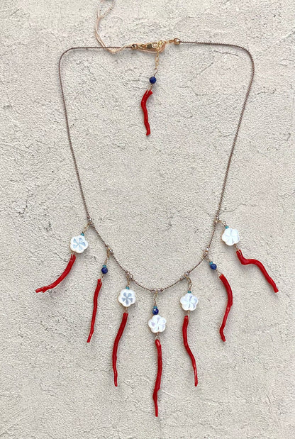 Coral and Mother of Pearl Necklace + Earring Set Elise Peters Inventory