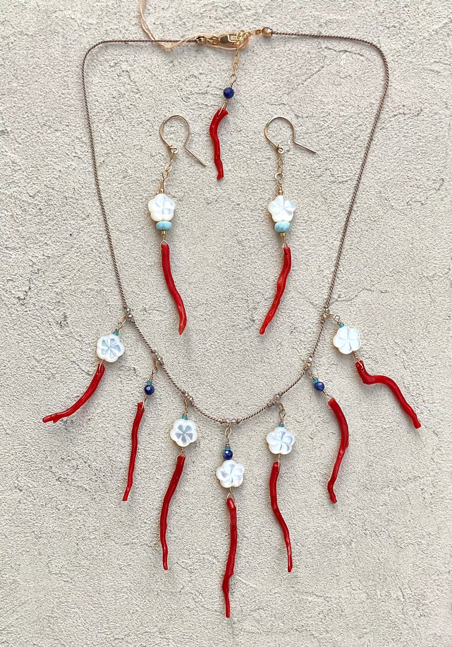 Coral and Mother of Pearl Necklace + Earring Set Elise Peters Inventory