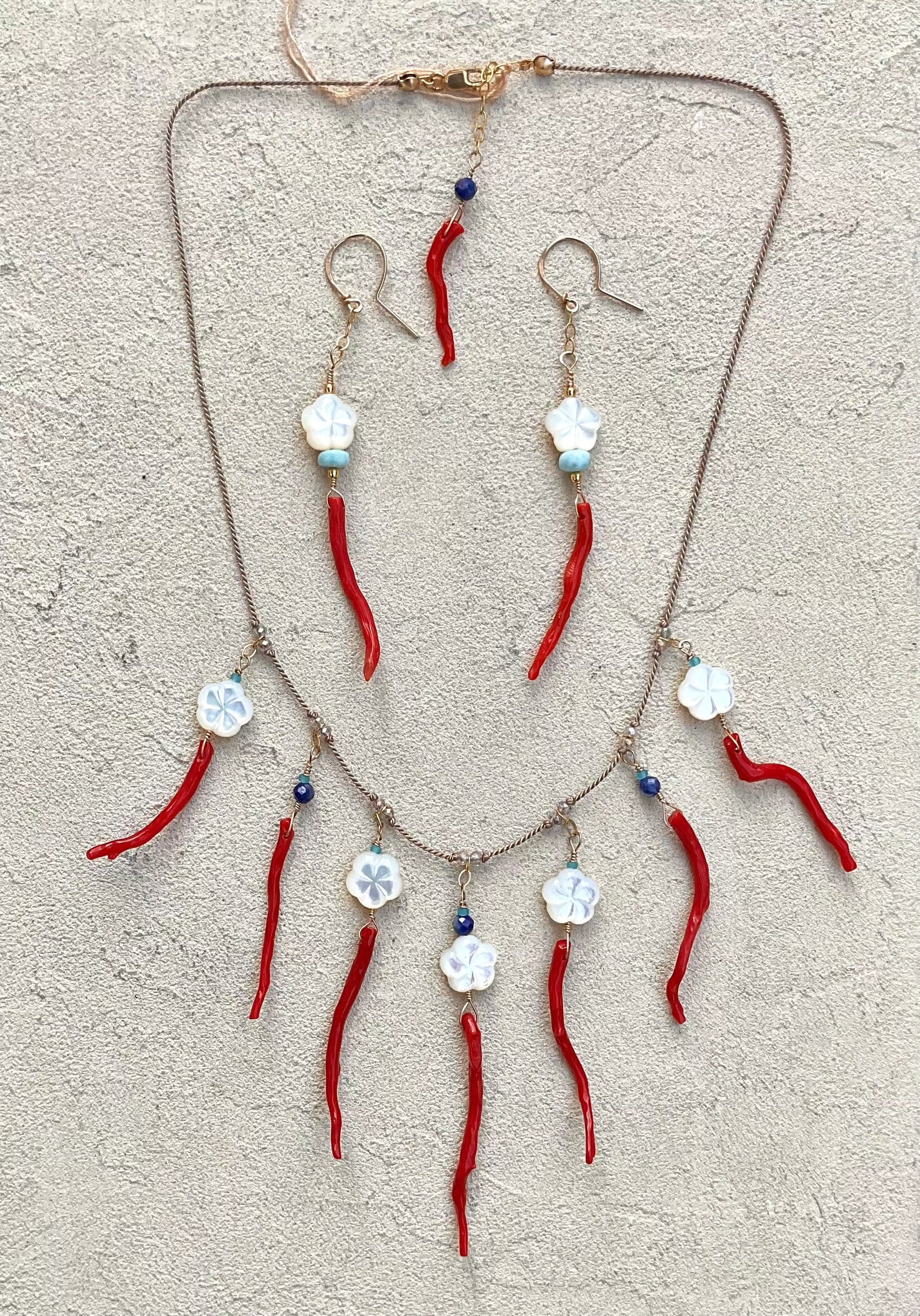 Coral and Mother of Pearl Necklace + Earring Set Elise Peters Inventory