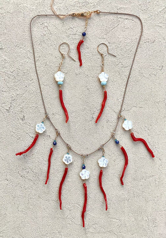 Coral and Mother of Pearl Necklace + Earring Set Elise Peters Inventory