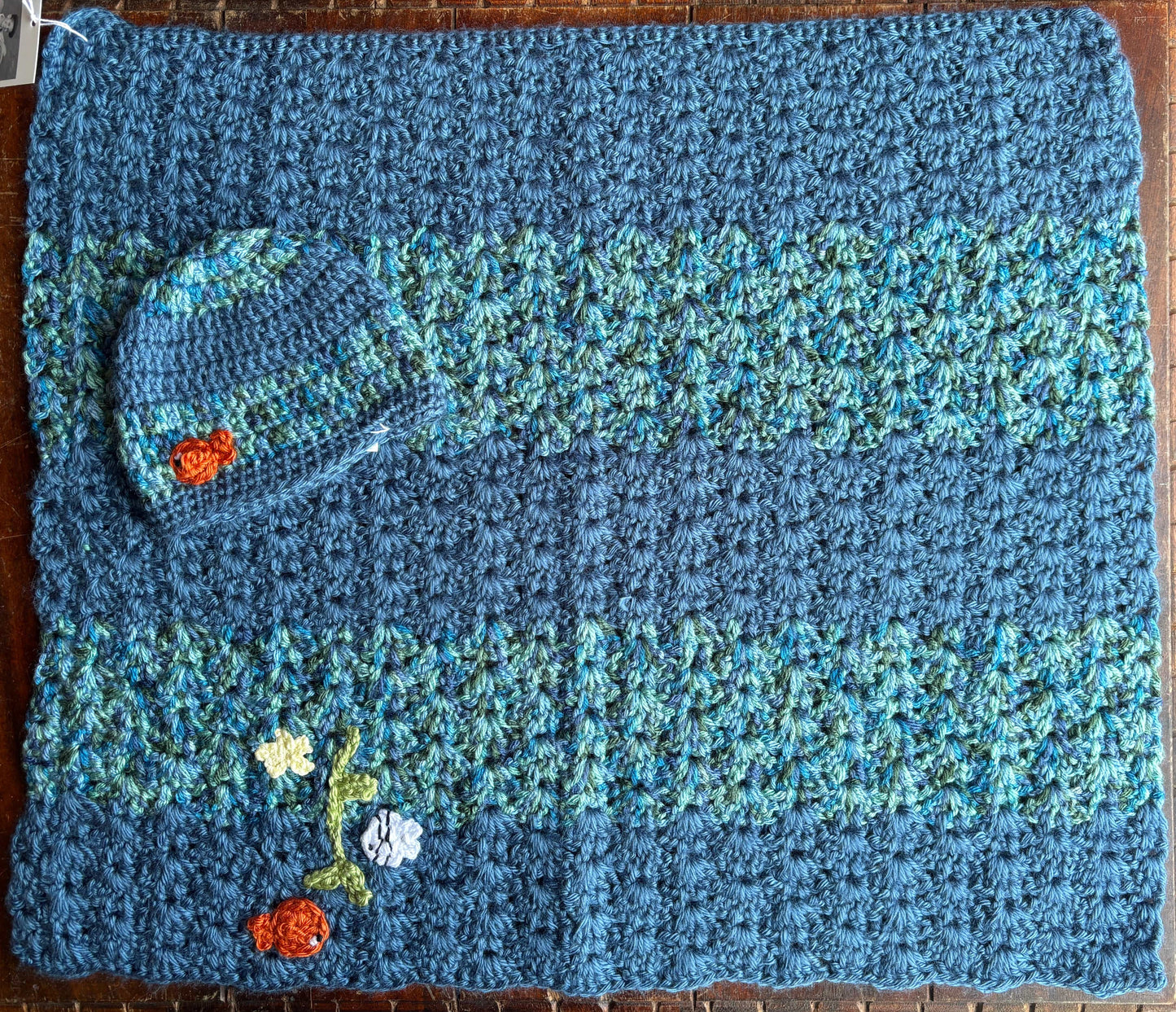 Crocheted Blanket and Hat SET K Hawthorne Consignment Striped Aqua and Blue