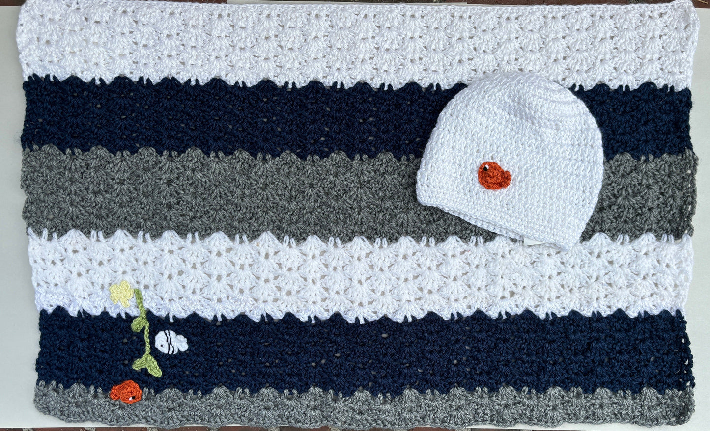 Crocheted Blanket and Hat SET K Hawthorne Consignment Striped White and Navy