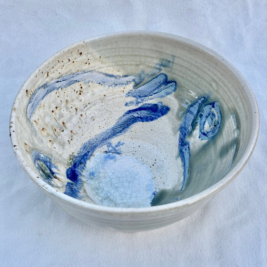 Deep Porcelain Ceramic Fish Bowl - Cream/Blue Juls Inventory