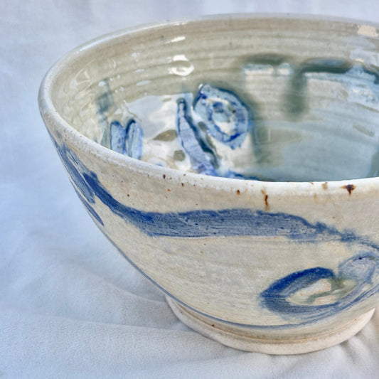 Deep Porcelain Ceramic Fish Bowl - Cream/Blue Juls Inventory