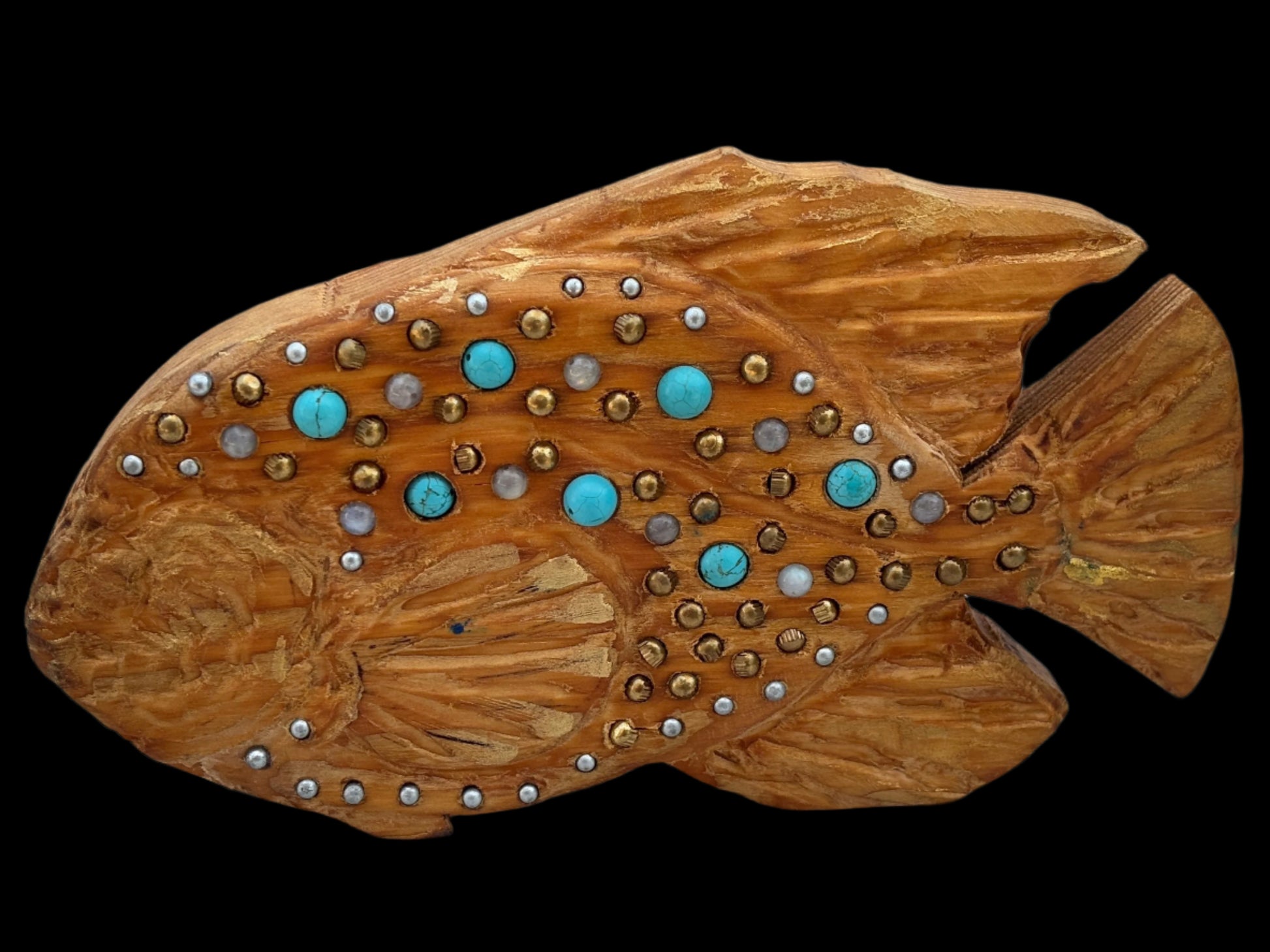 Double-sided Wooden Fish with Precious Stone Beads Daniel Floyd Consignment Golden Fish w/ Turq : 9.5" x 5" x 1.5"