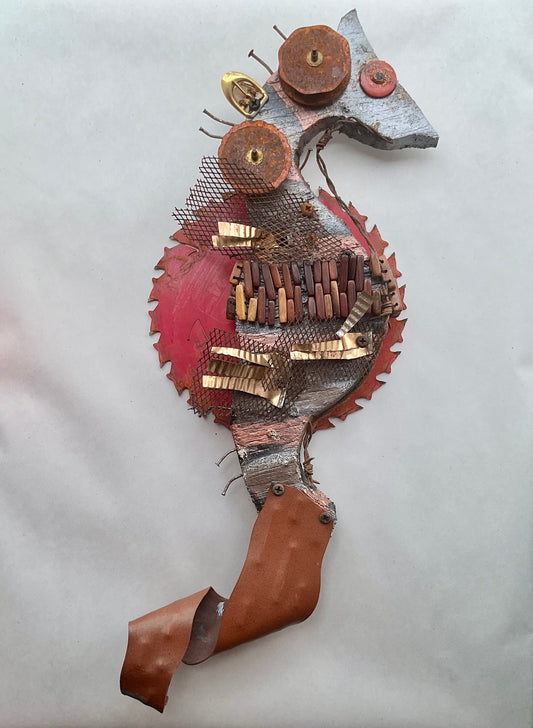 Eco-Folk "Seahorse" Collection - Mixed Media Rodrigo Consignment Rusty-Wooden Bead : 19" x 7" 3"
