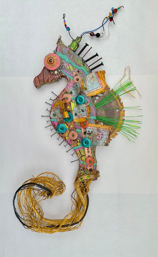 Eco-Folk "Seahorse" Collection - Mixed Media Rodrigo Consignment Special Teal and Yellow : 24" x 12" x 2"