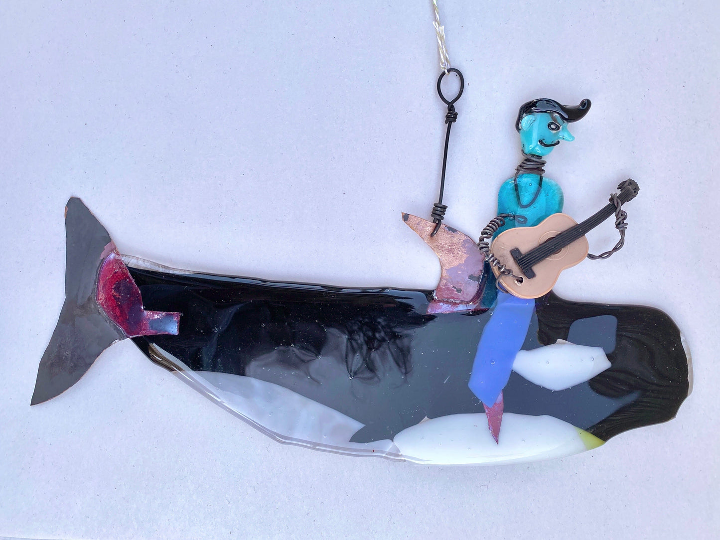 "Elvis Goes to Sea World" Fused Glass Hanging Sculpture Wired Glass Inventory