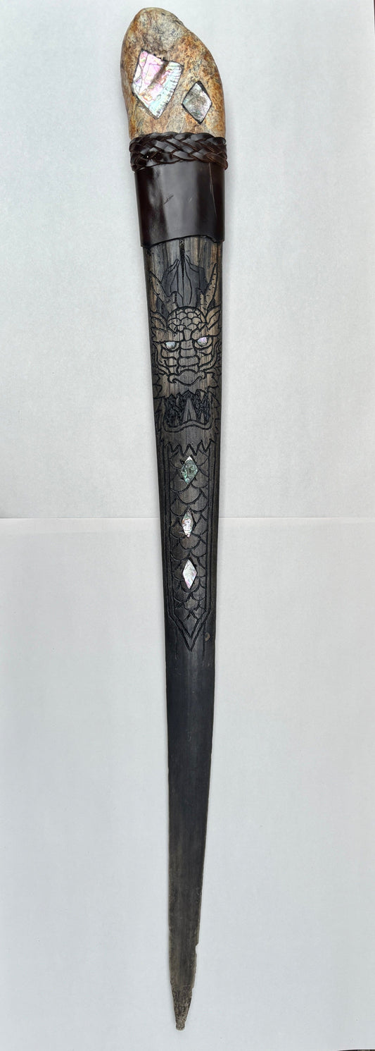 Etched Swordfish Bills BUCK LOPEZ Consignment 45" - Dragon Etching Abalone inlay brown leather