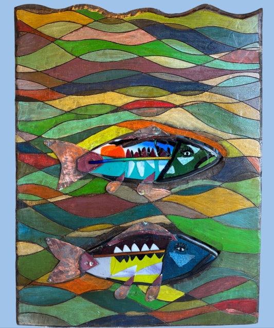 "Euphoria" Fused Glass Fish with Found Steel Wired Glass Inventory