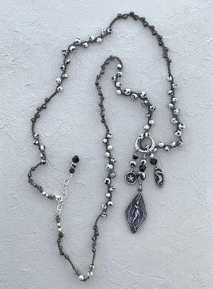 Fine Silver Casino Mermaid Pendant on Beaded Necklace Heidi Duran Inventory Dalmatian Jasper and Onyx